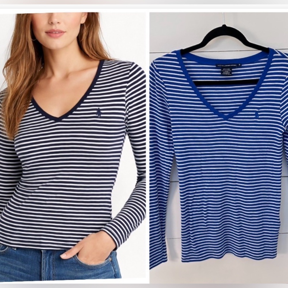 RALPH LAUREN SPORT S Blue stripe V neck long sleeve Pima Cotton soft cozy top